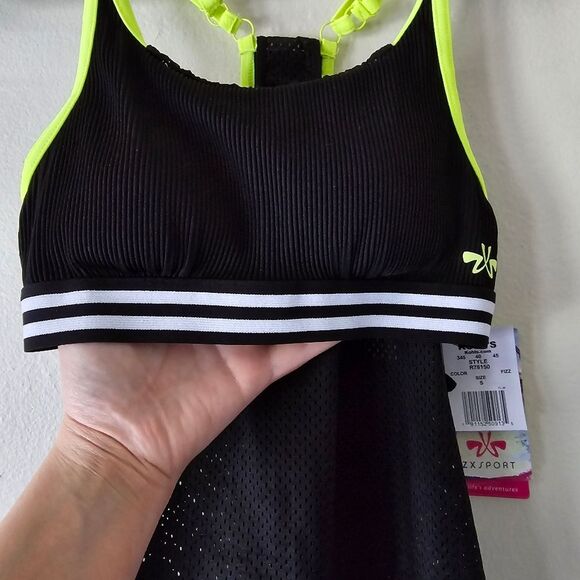 ZXSPORT Black Yellow White Gym Top Sports Bra with Jersey Underlay Size Small - Picture 8 of 14